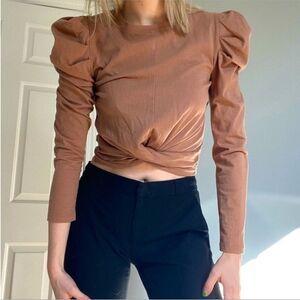 Open Edit Puff Sleeve Knot Front Crop Cropped Top Long Sleeve XS​​​